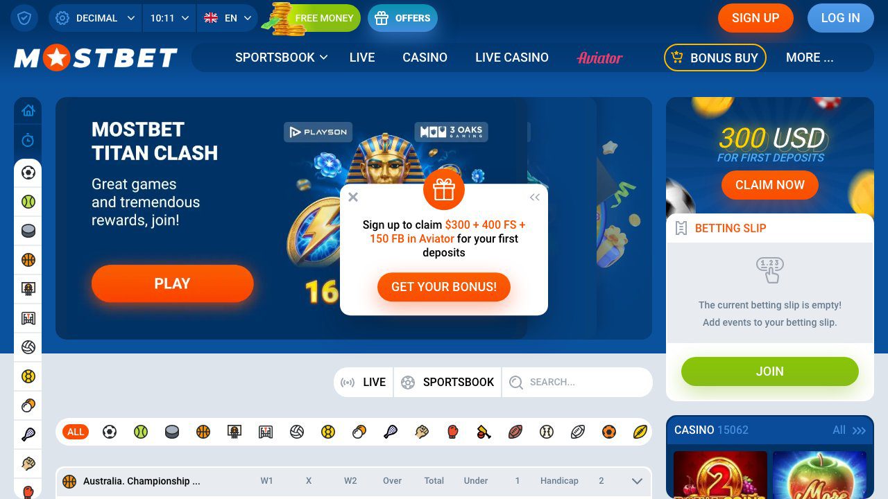 Mostbet басты бетінің нақты скриншоты